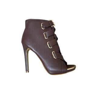 New bootie heels strappy chocolate brown open toe gold hardware Sexy SZ 8